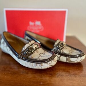Coach Fortunata Signature Canvas Loafers with Patent Leather Brown Trim Women’s